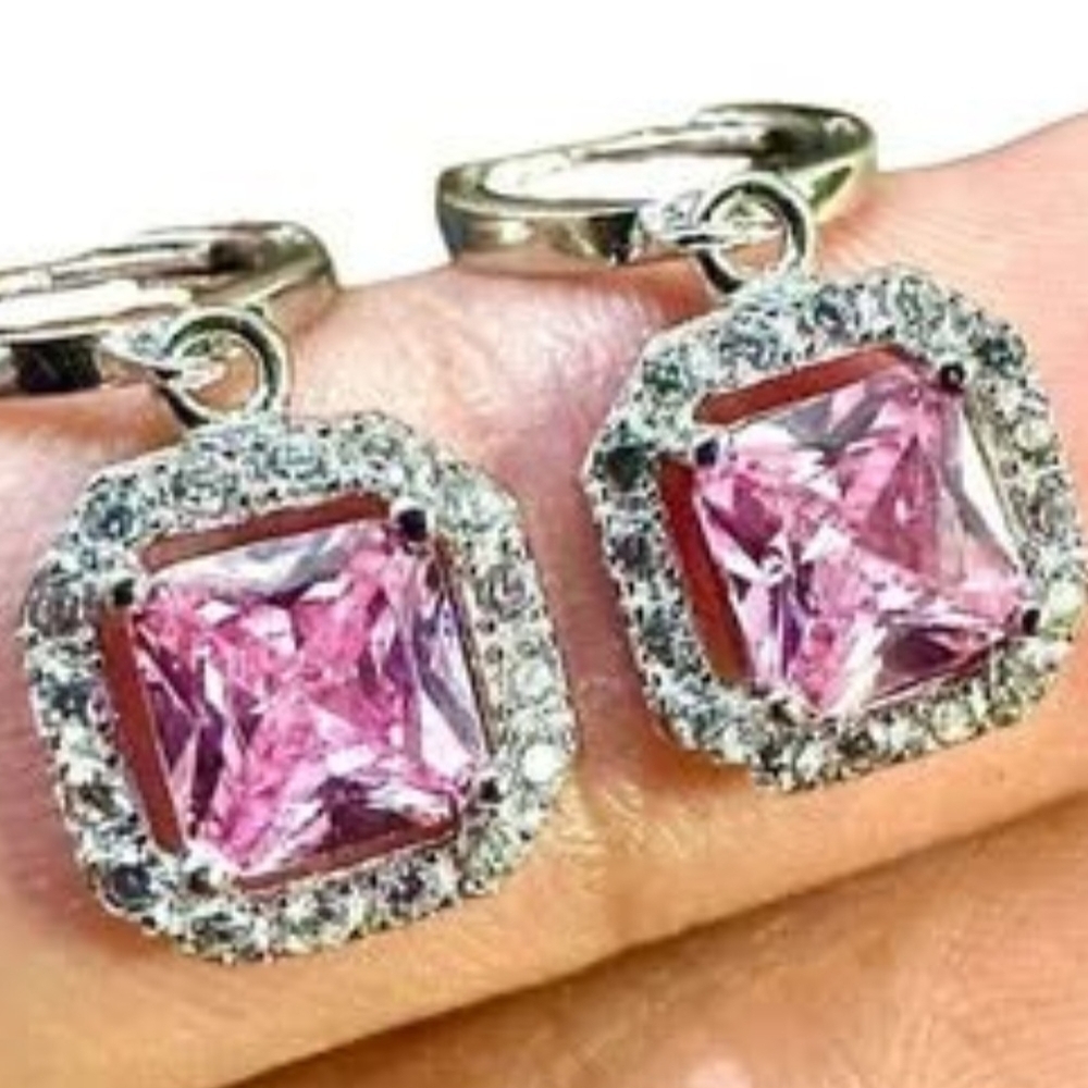 Pink Cubic Zirconia Drop Dangle Earrings with Halo 925 Sterling Silver Leverback